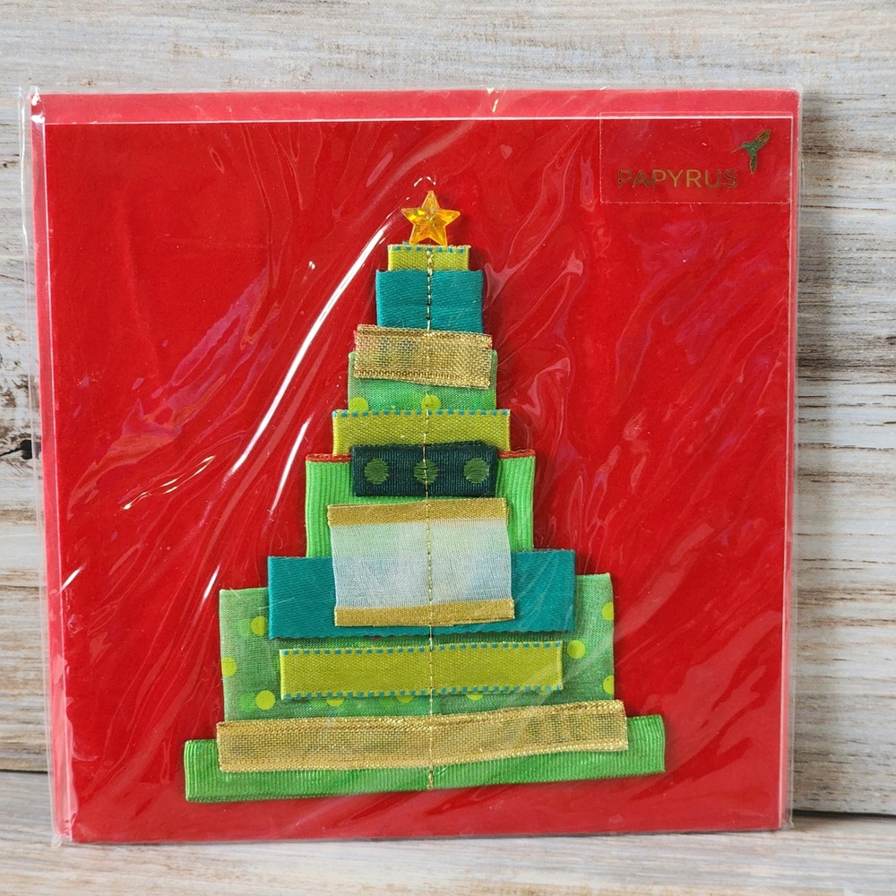 Papyrus Christmas Card Ribbon Tree Layered Gem Star Red Square 07086610